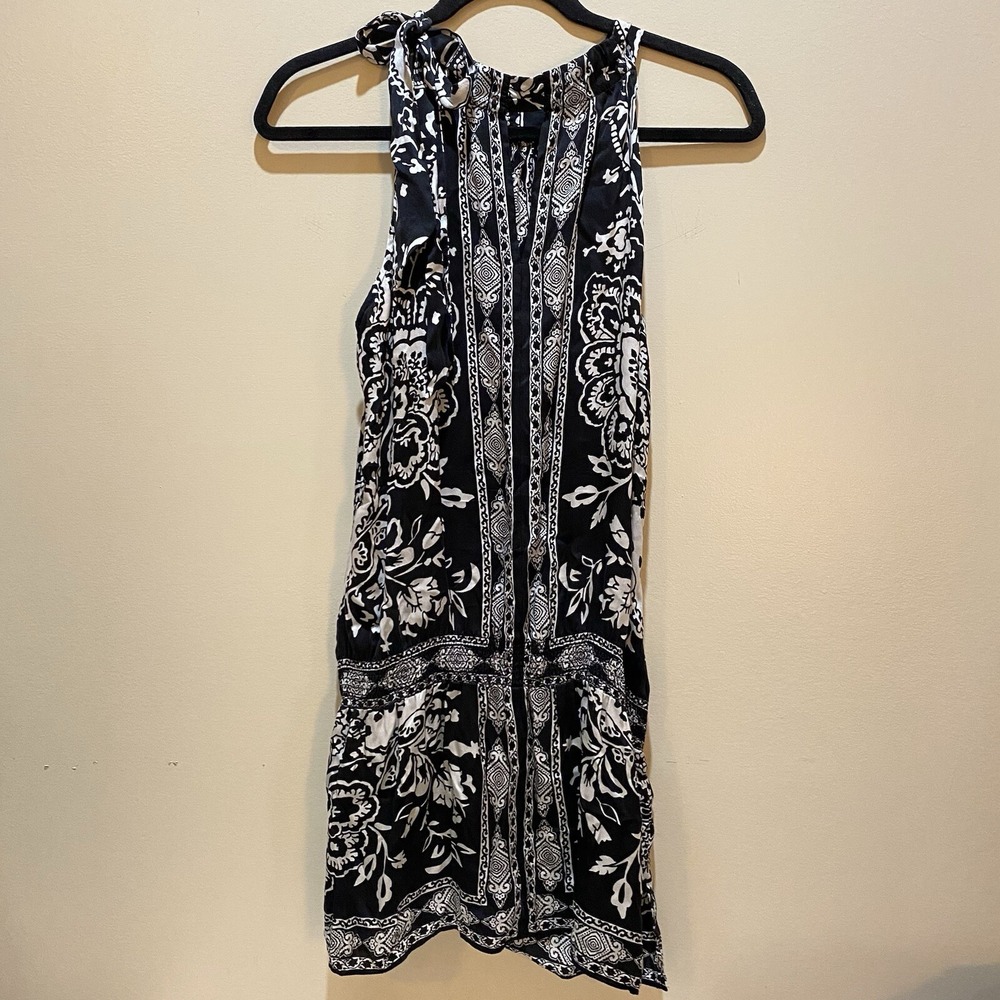 WHBM Tie Shoulder Elastic Waist Black & White 100% Silk Tunic Top Blouse Sz L - Picture 3 of 7